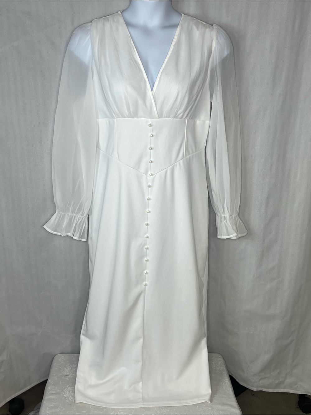 Shein Curves White Wedding Dress V Neck Shear Long Sleeve Faux Button Front 1XL👍
